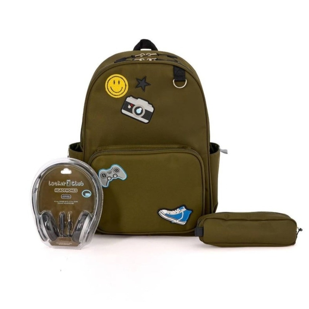 Locker Club Kids 16L Nylon Backpack Set Olive Green with Headphones Pencil Pouch